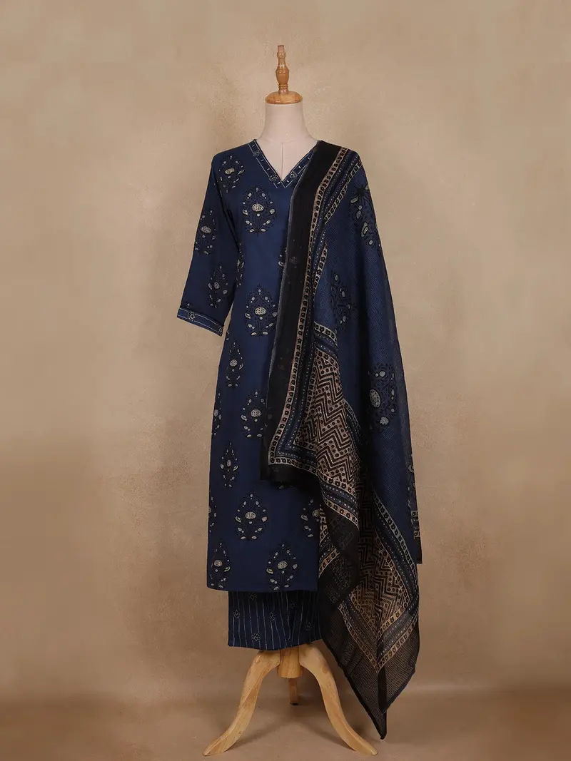 Navy Blue Ethnic Printed Design Cotton Straight Cut Salwar Suit With Dupatta 1
