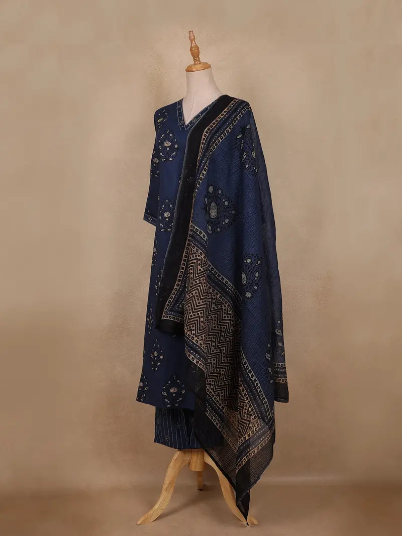Navy Blue Ethnic Printed Design Cotton Straight Cut Salwar Suit With Dupatta 3