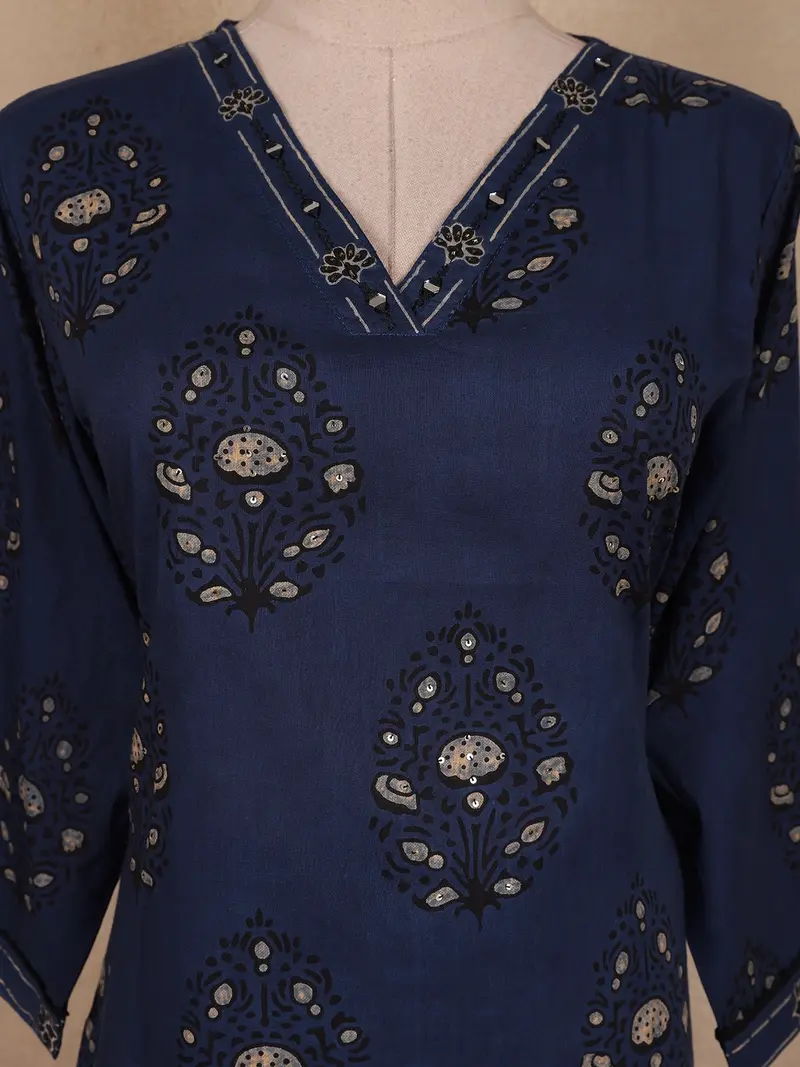 Navy Blue Ethnic Printed Design Cotton Straight Cut Salwar Suit With Dupatta 5