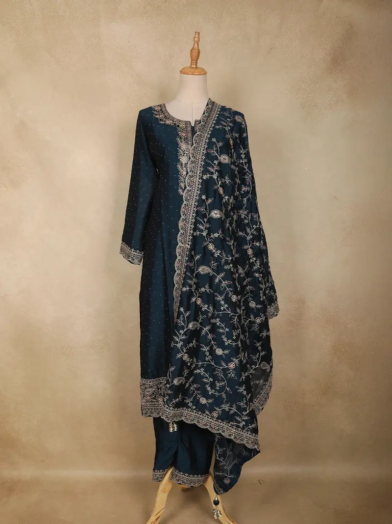 Navy Blue Flora Embroidered Design Georgette Straight Cut Salwar Suit 1