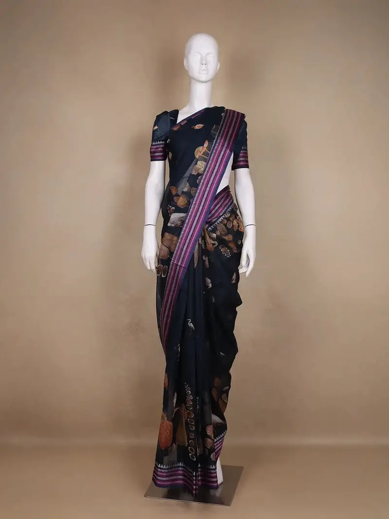 Navy Blue Floral And Bird Print Kota Cotton Saree With Woven Border 1