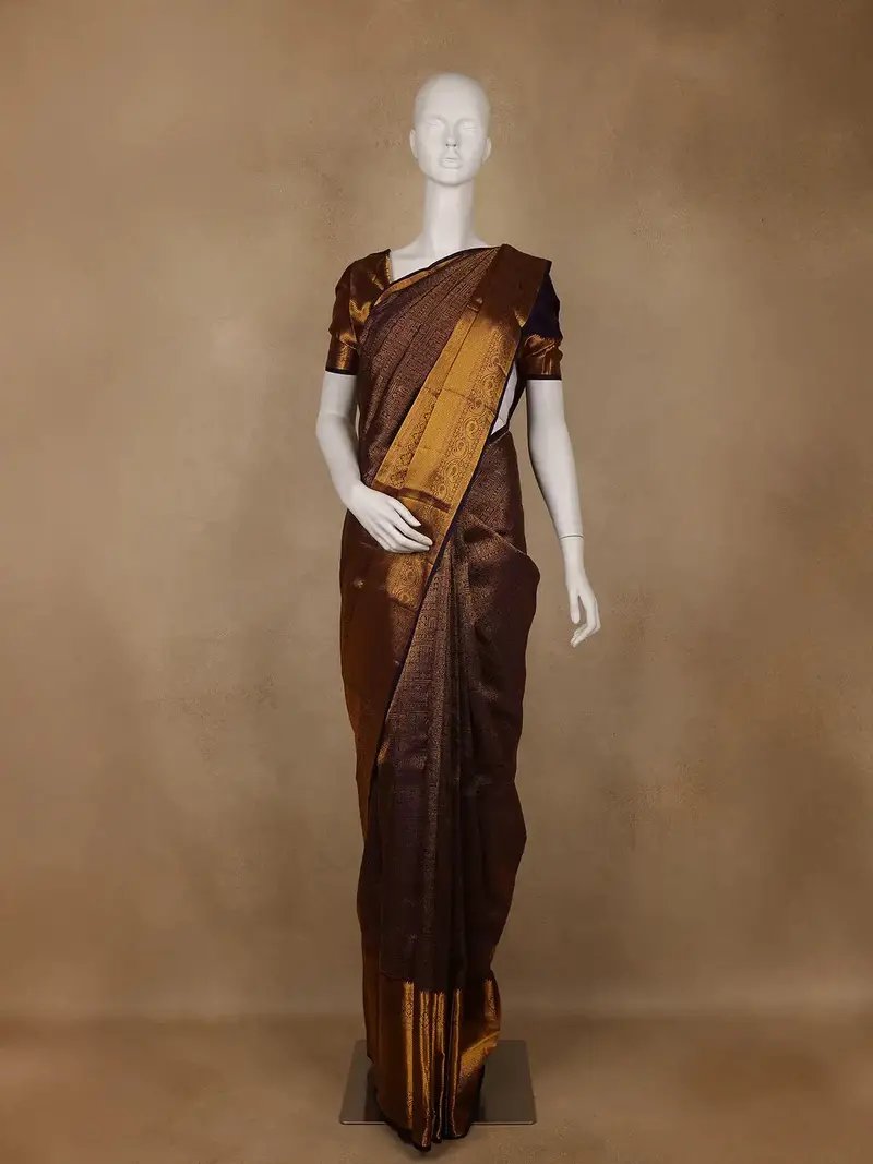 Navy Blue Floral And Geometric Motifs Woven Pure Kanchipuram Silk Saree 1