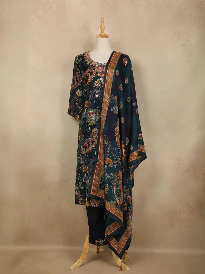 Navy Blue Floral And Paisley Printed Cotton Salwar Suit 1