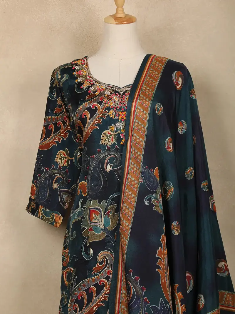Navy Blue Floral And Paisley Printed Cotton Salwar Suit 2