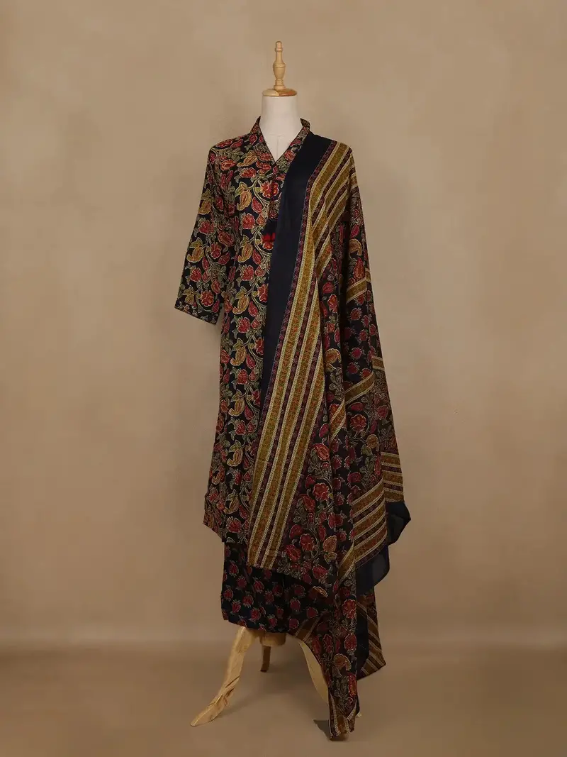Navy Blue Floral And Paisley Printed Cotton Salwar Suit With Dupatta 1