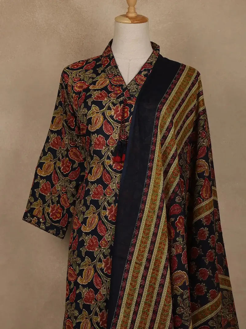Navy Blue Floral And Paisley Printed Cotton Salwar Suit With Dupatta 2