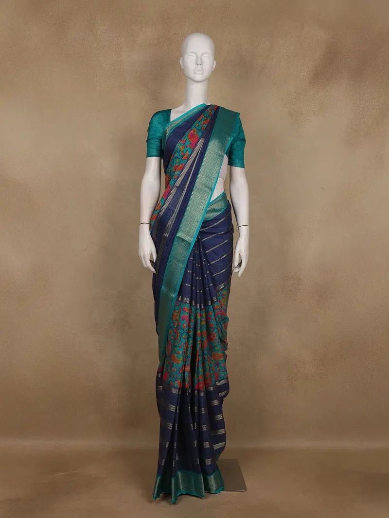 Navy Blue Floral And Stripes Design Mul Mul Cotton Saree 1