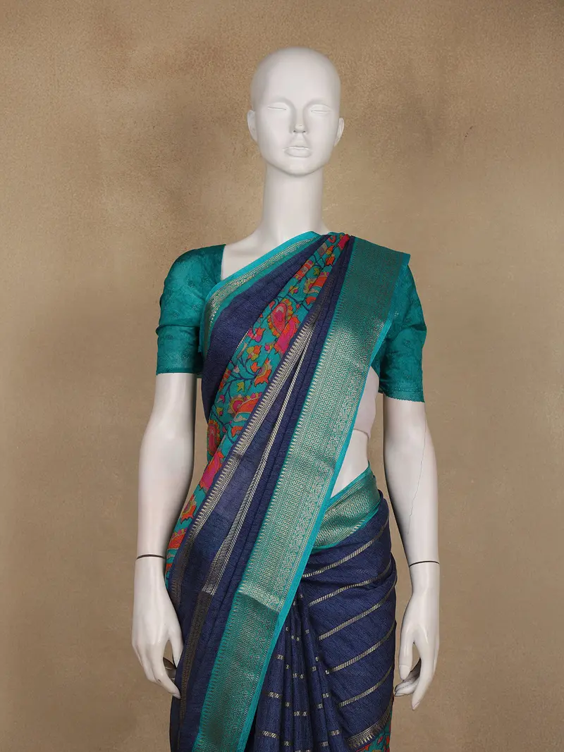 Navy Blue Floral And Stripes Design Mul Mul Cotton Saree 2