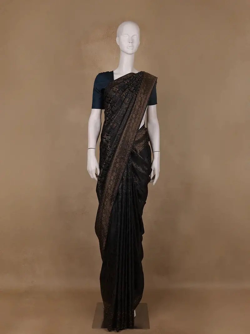 Navy Blue Floral Brocade Design Banarasi Silk Saree 1