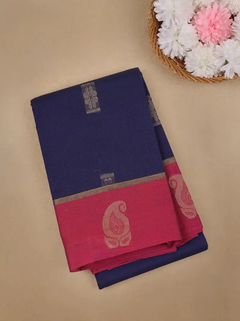 Navy Blue Floral Butta Design Cotton Saree With Red Paisley Zari Border 1