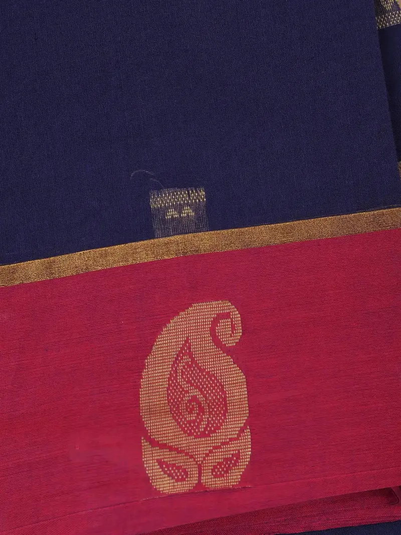 Navy Blue Floral Butta Design Cotton Saree With Red Paisley Zari Border 2