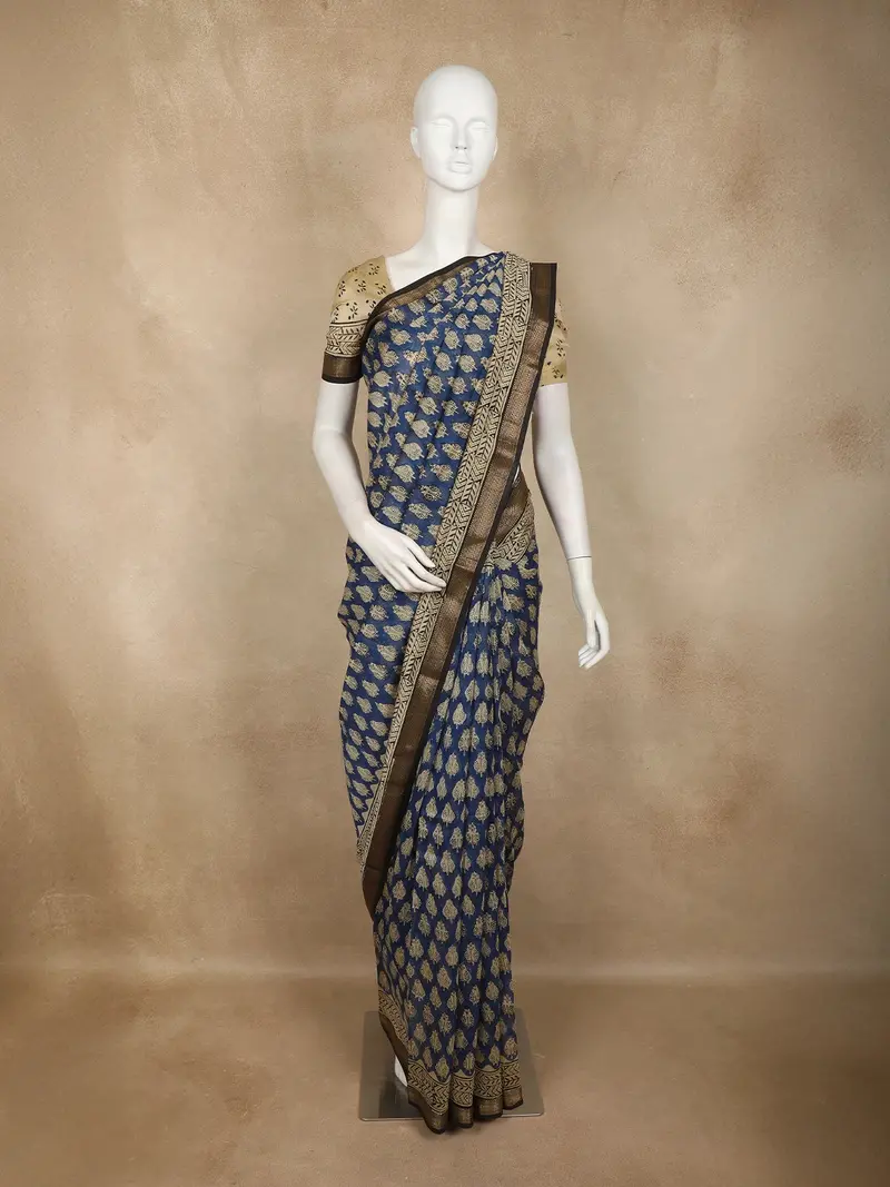 Navy Blue Floral Butta Printed Cotton Saree 1