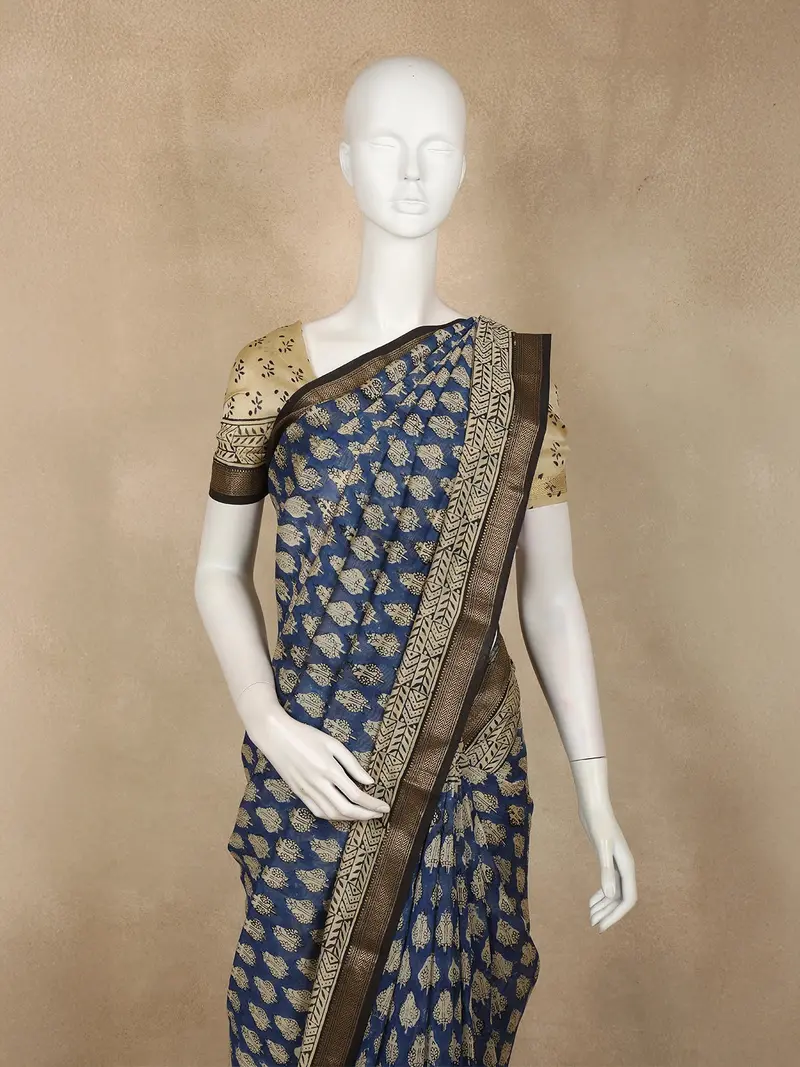 Navy Blue Floral Butta Printed Cotton Saree 2