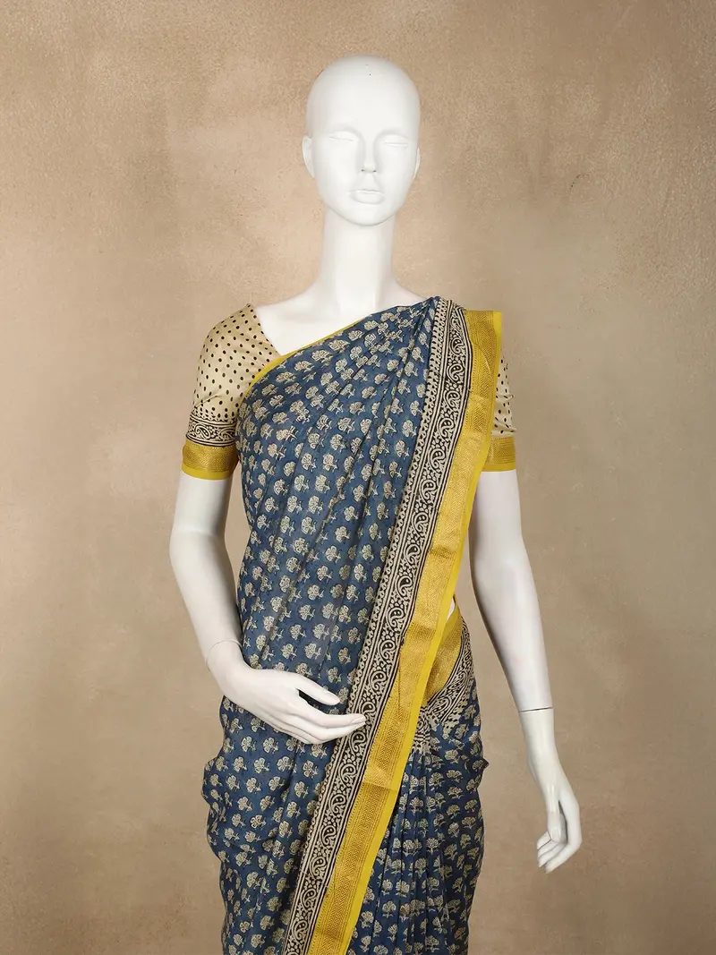 Navy Blue Floral Butta Printed Cotton Saree With Mustard Yellow Border 2