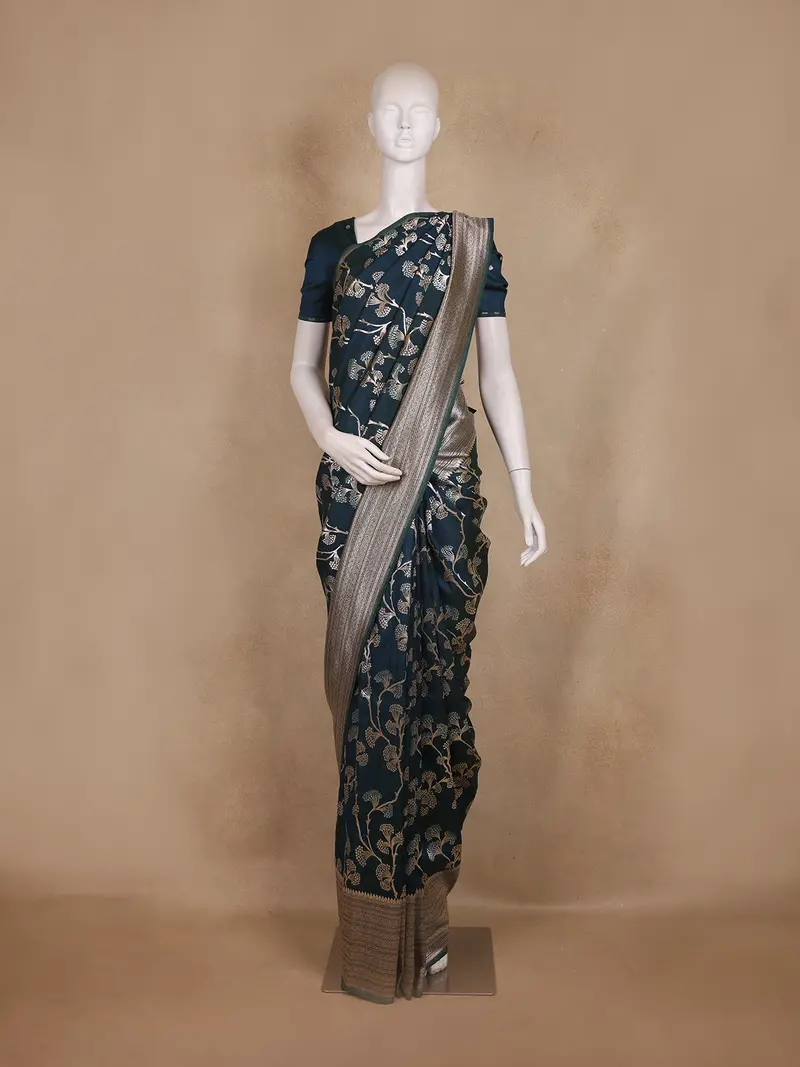 Navy Blue Floral Design Banarasi Saree 1