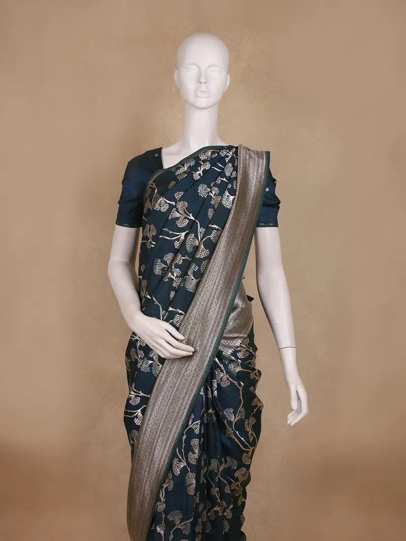 Navy Blue Floral Design Banarasi Saree 2