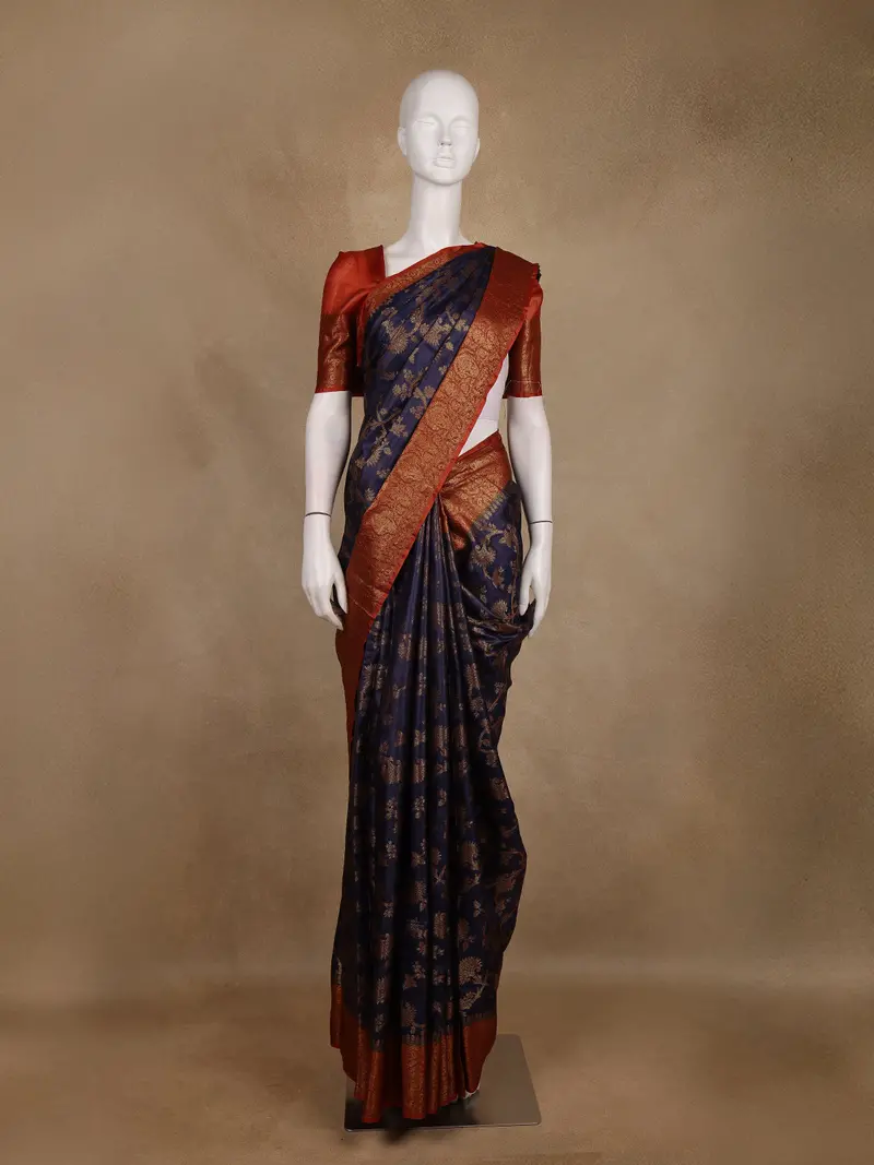 Navy Blue Floral Design Banarasi Silk Saree 1