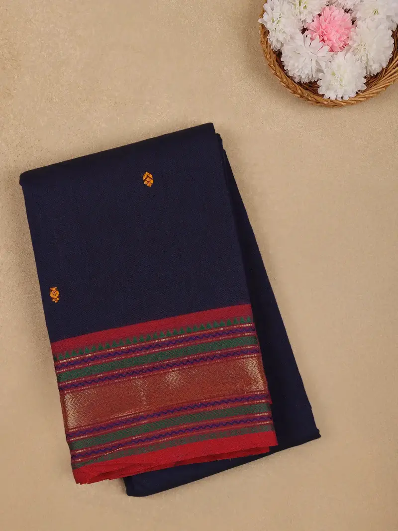 Navy Blue Floral Design Cotton Fancy Saree 1
