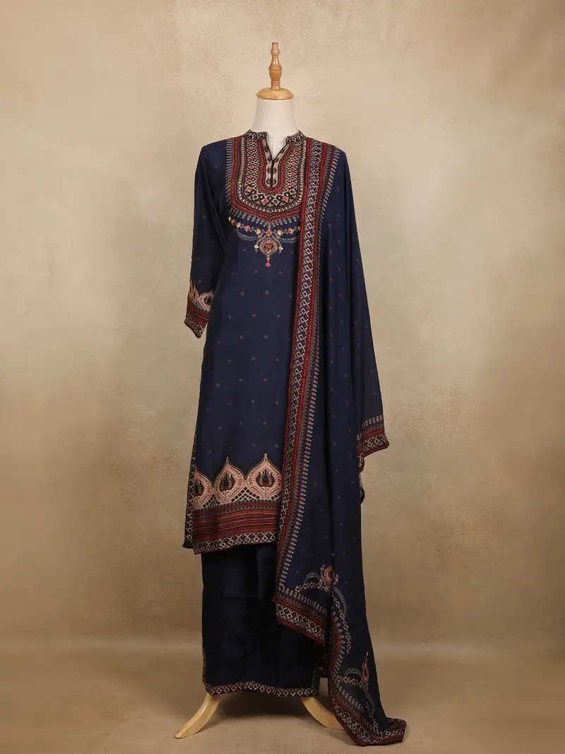 Navy Blue Floral Design Cotton Salwar Suit 1