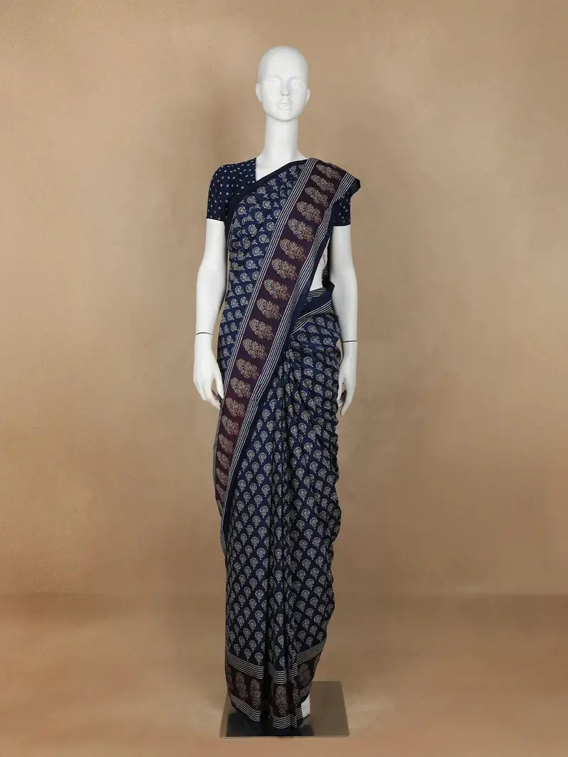 Navy Blue Floral Design Cotton Saree 1
