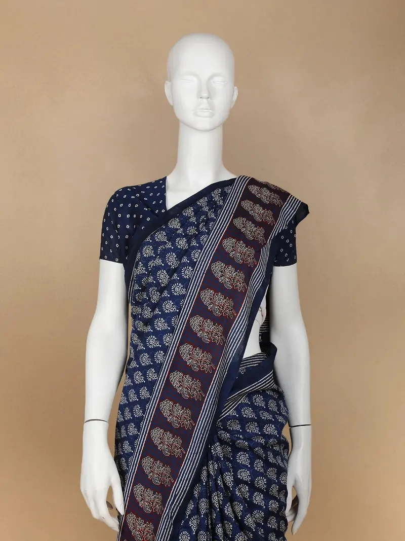 Navy Blue Floral Design Cotton Saree 2