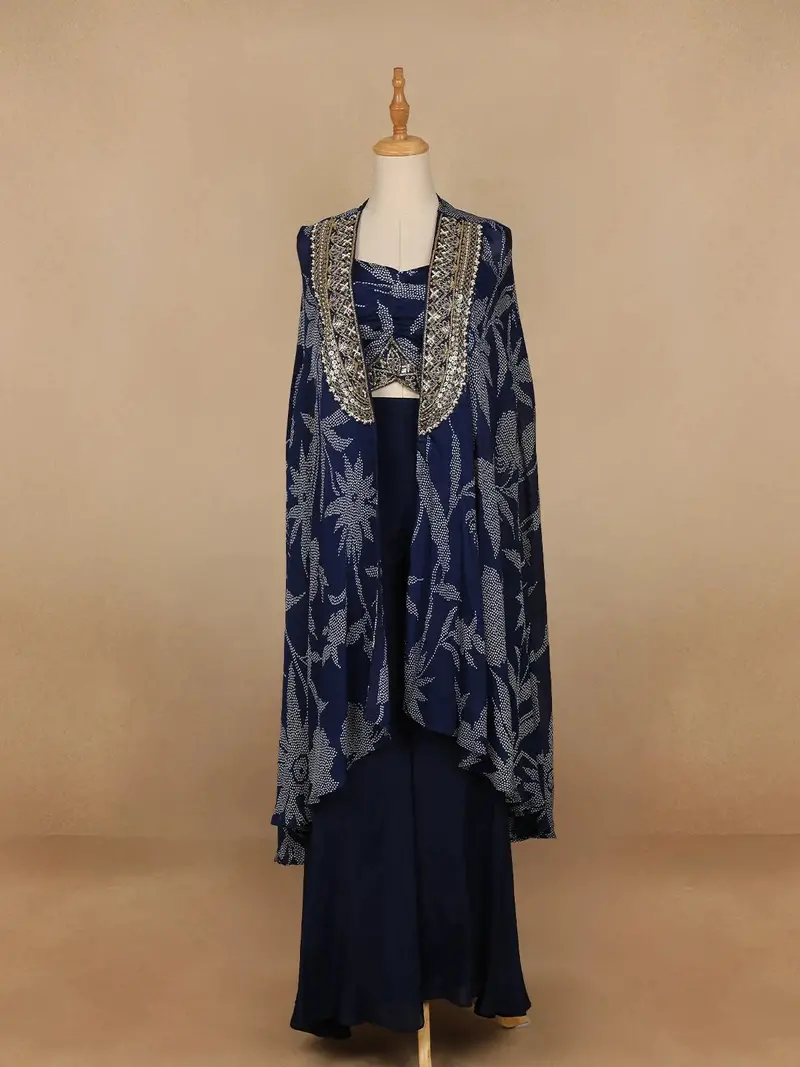 Navy Blue Floral Design Crepe Palazzo Suit 1