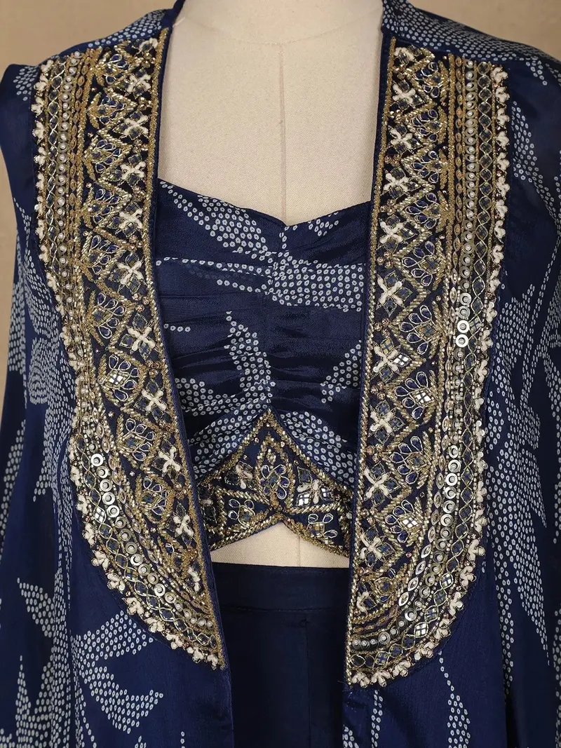 Navy Blue Floral Design Crepe Palazzo Suit 2