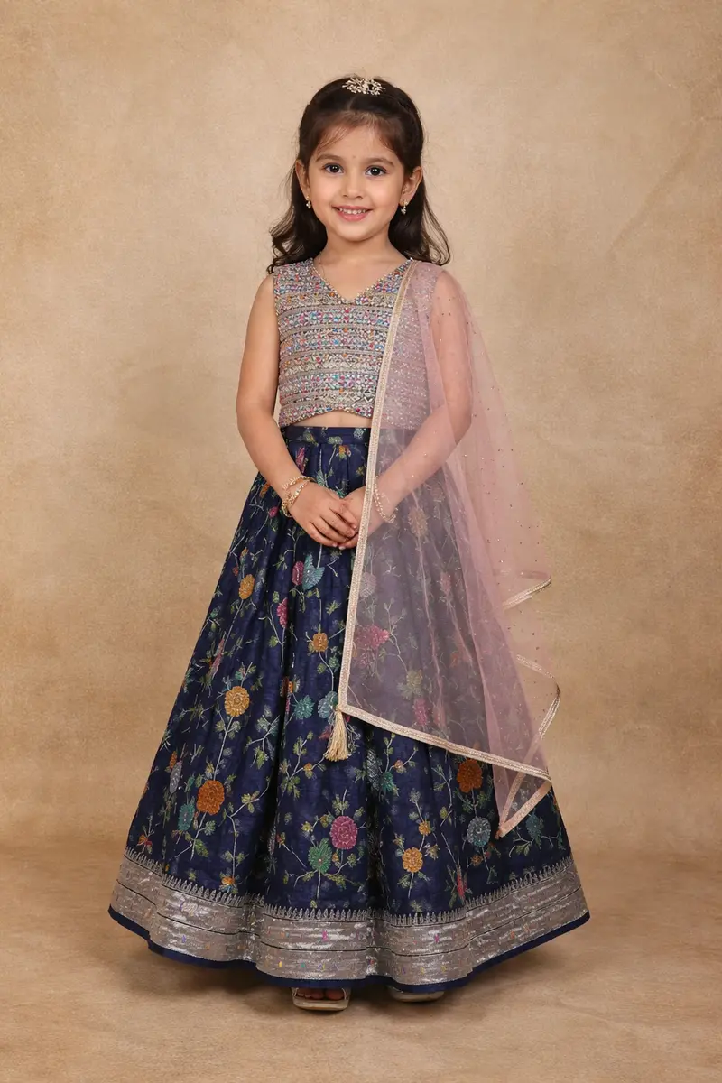 Navy Blue Floral Design Georgette Kids Lehenga 1