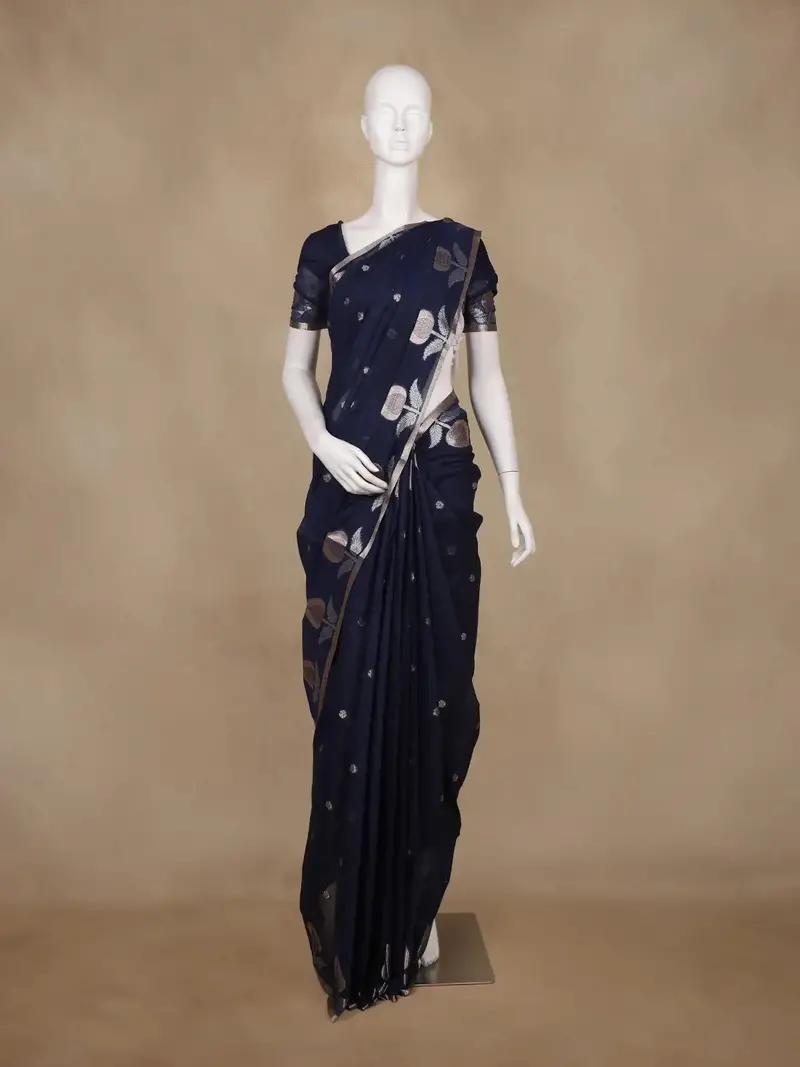 Navy Blue Floral Design Kota Cotton Saree With Silver Border 1