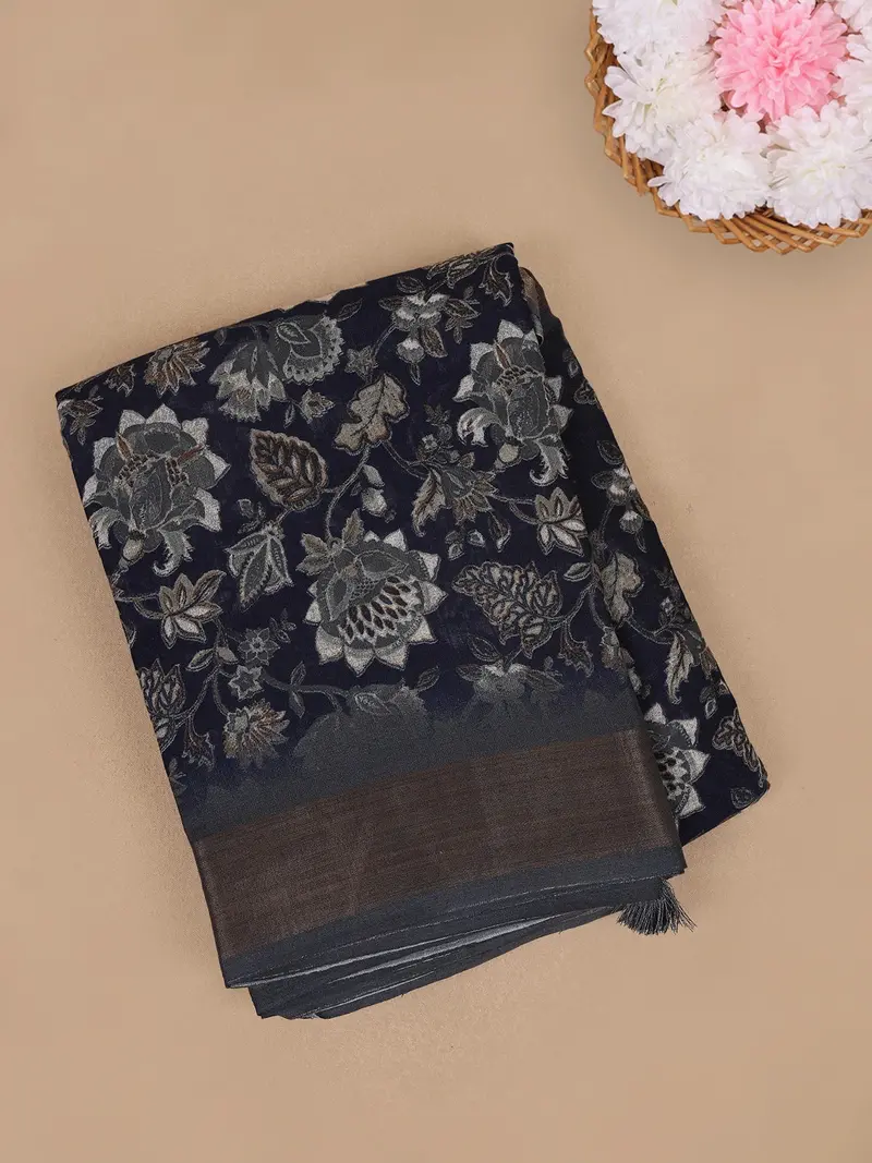 Navy Blue Floral Design Linen Cotton Saree 1