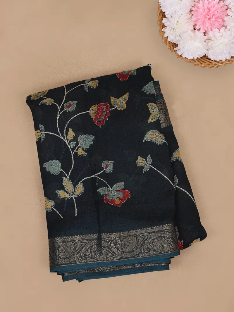 Navy Blue Floral Design Linen Cotton Saree 1