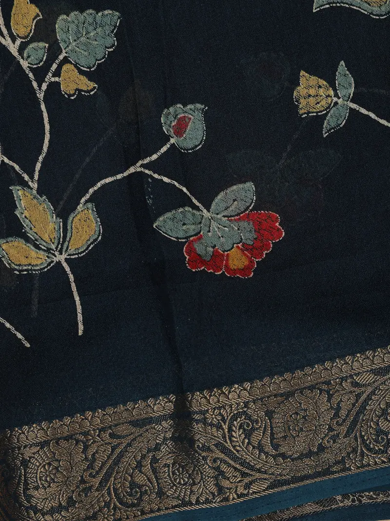 Navy Blue Floral Design Linen Cotton Saree 2