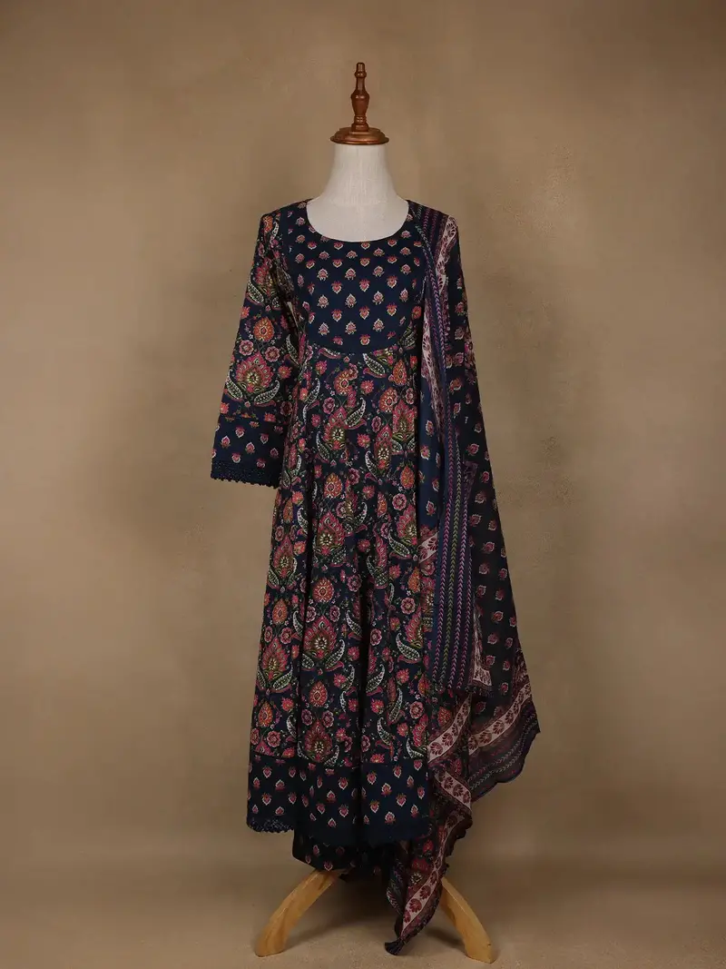 Navy Blue Floral Design Printed Cotton Salwar Suit 1