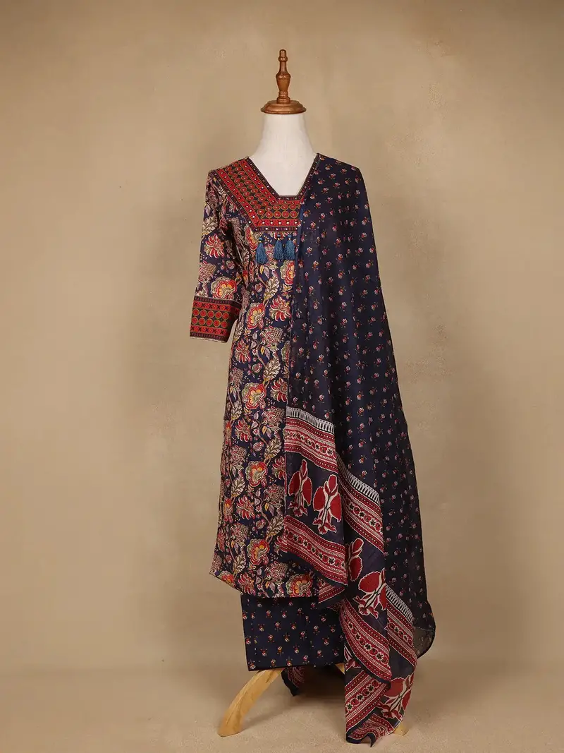 Navy Blue Floral Design Printed Cotton Salwar Suit 1