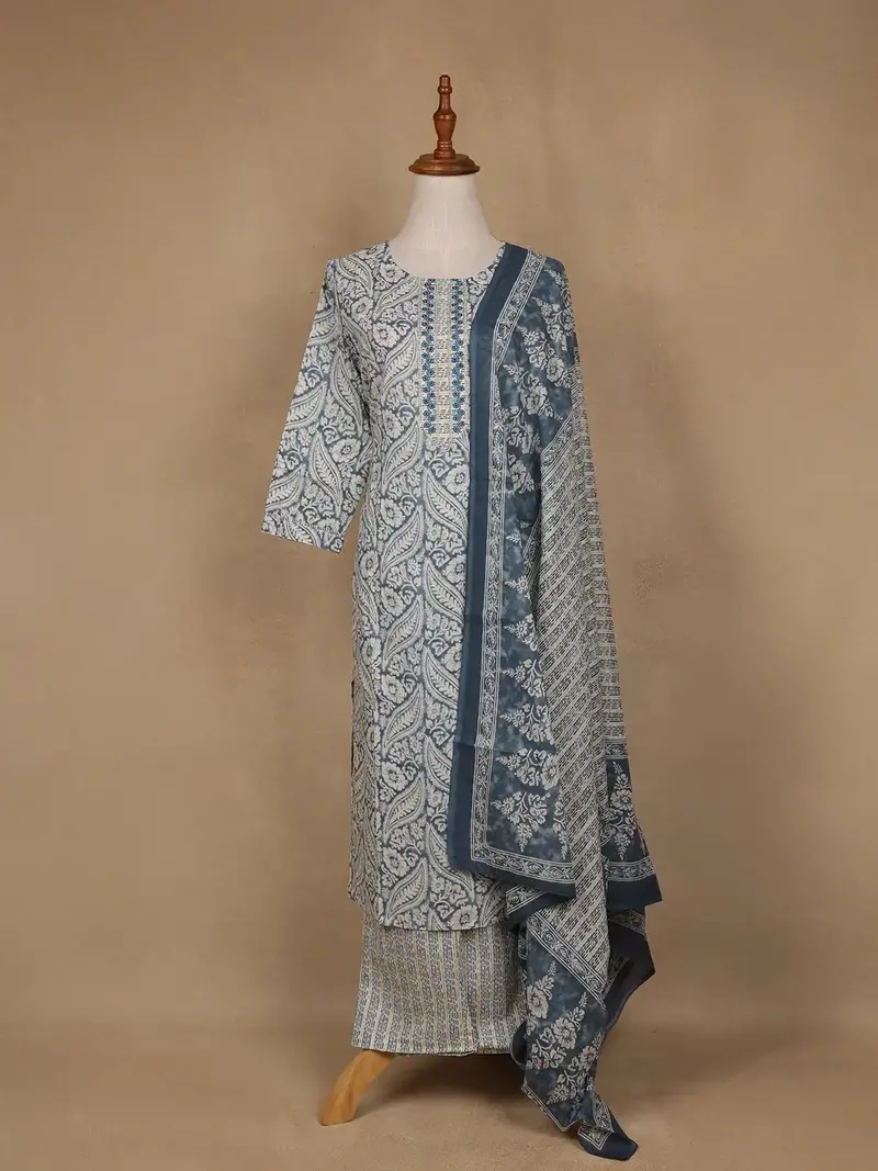Navy Blue Floral Design Printed Cotton Salwar Suit 1