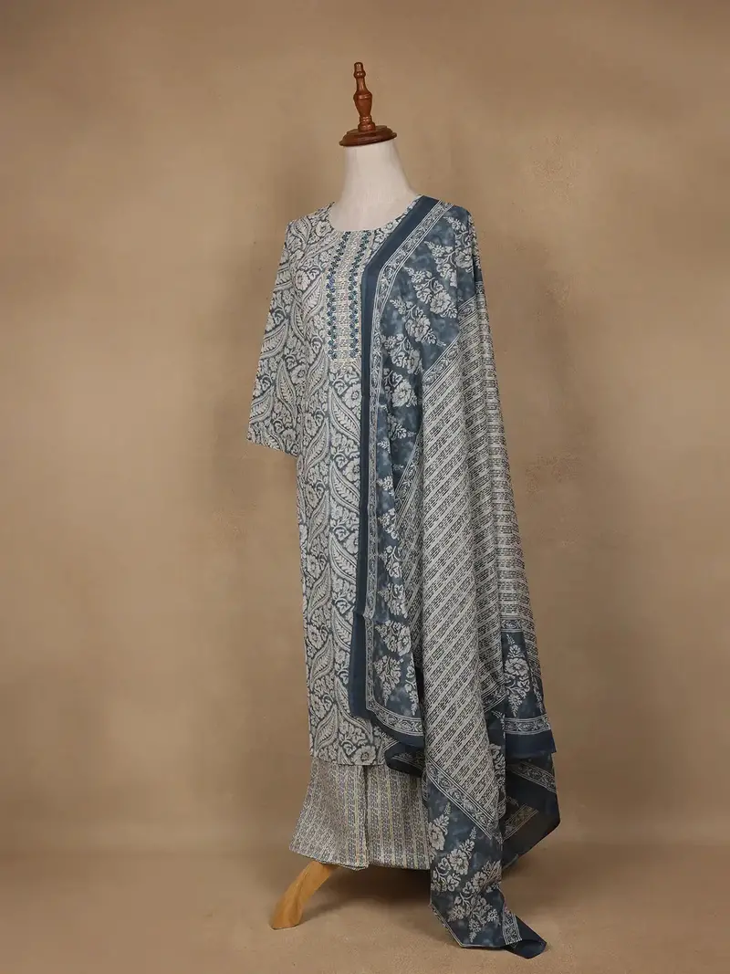 Navy Blue Floral Design Printed Cotton Salwar Suit 3