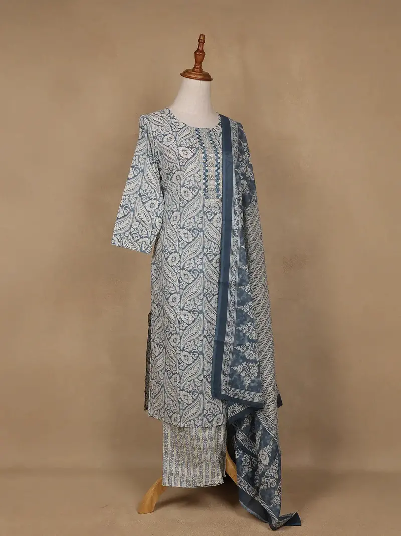 Navy Blue Floral Design Printed Cotton Salwar Suit 4