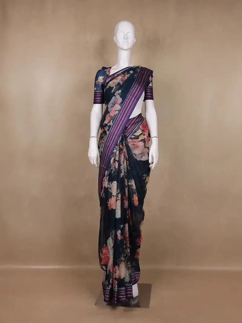 Navy Blue  Floral Design Printed Kota Cotton Saree 1