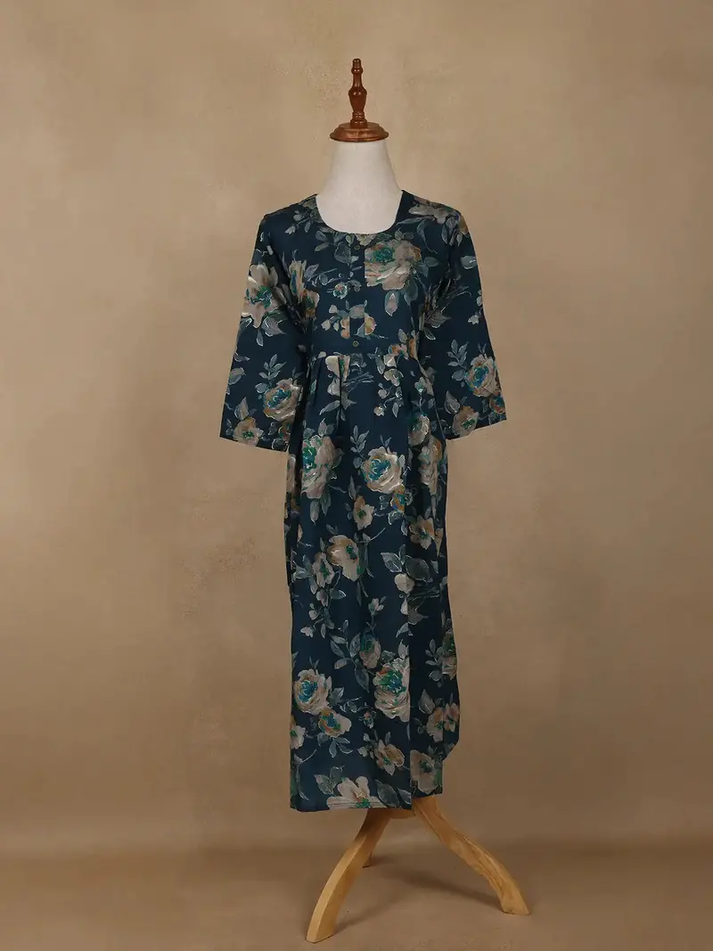 Navy Blue Floral Design Printed Rayon Kuti 1