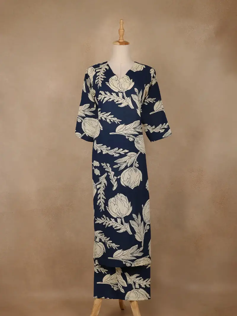 Navy Blue Floral Design Printed Satin Salwar Suit 1