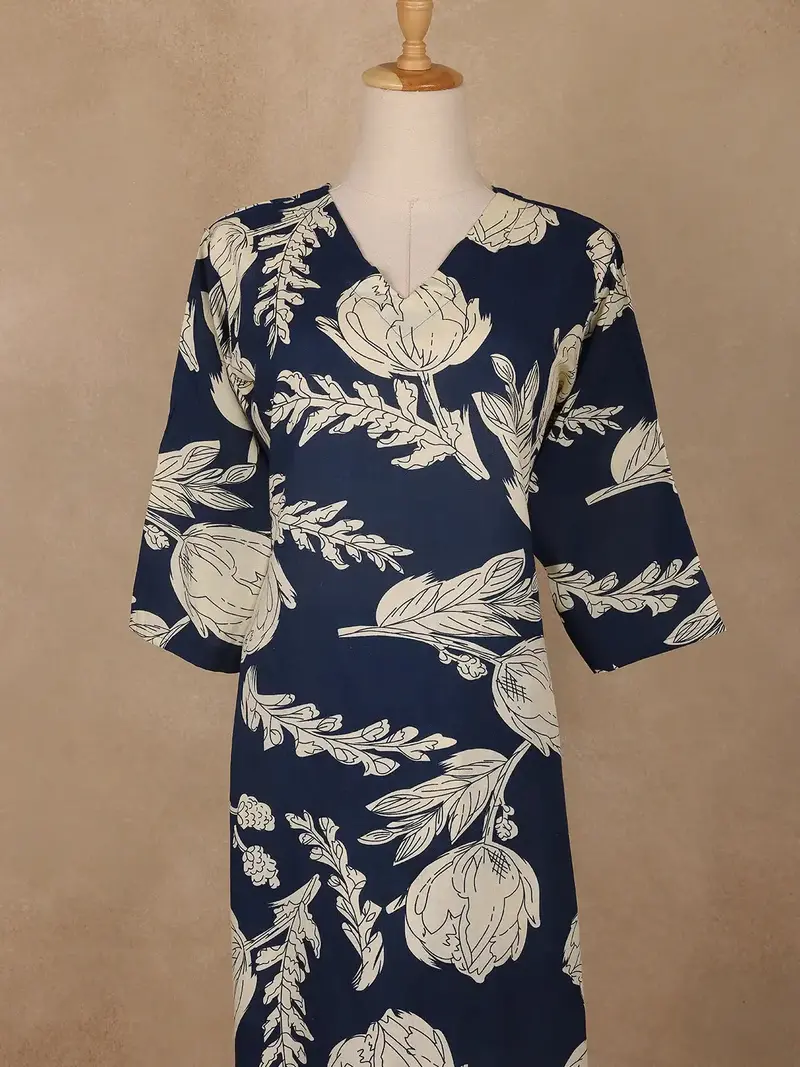 Navy Blue Floral Design Printed Satin Salwar Suit 2