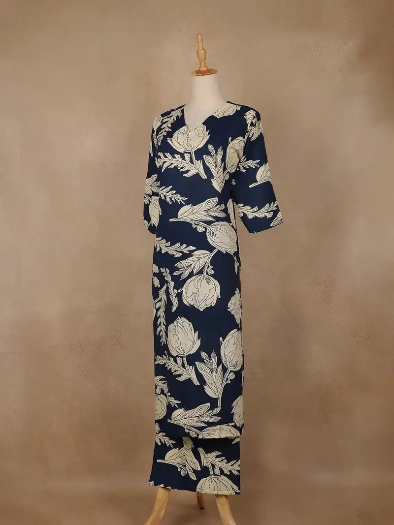 Navy Blue Floral Design Printed Satin Salwar Suit 3
