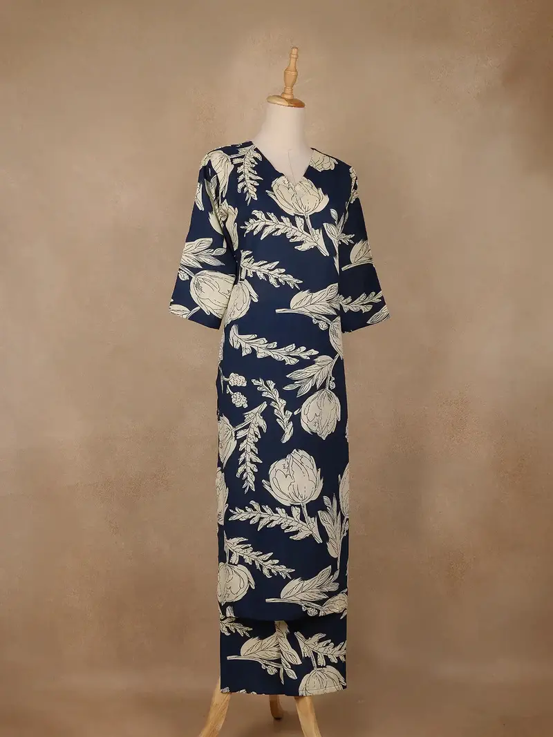 Navy Blue Floral Design Printed Satin Salwar Suit 4