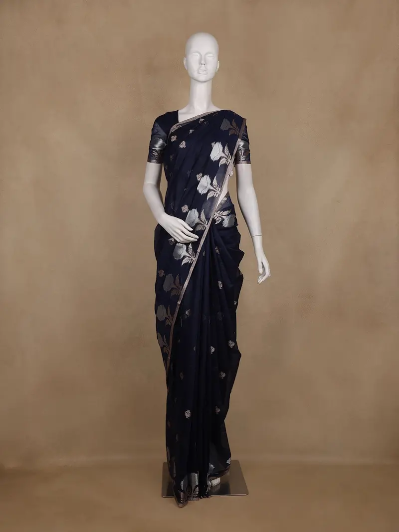 Navy Blue Floral Design Semi Banarasi Silk Saree 1