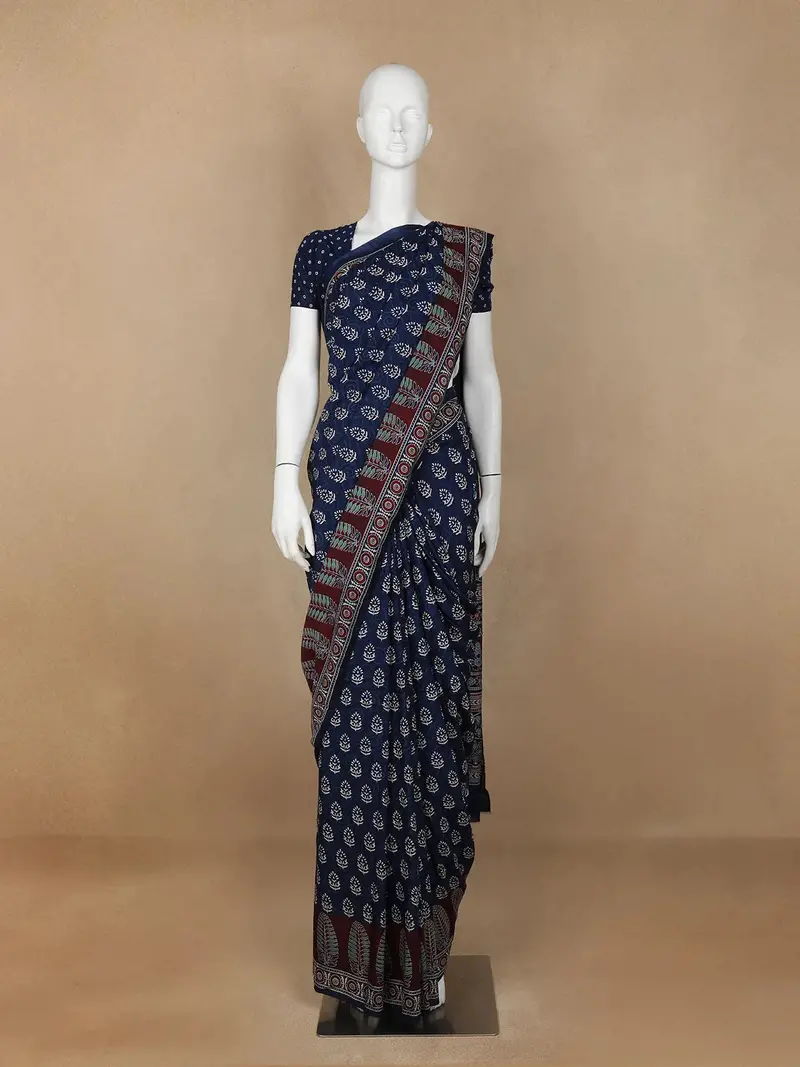 Navy Blue Floral Design Silk Cotton Saree 1
