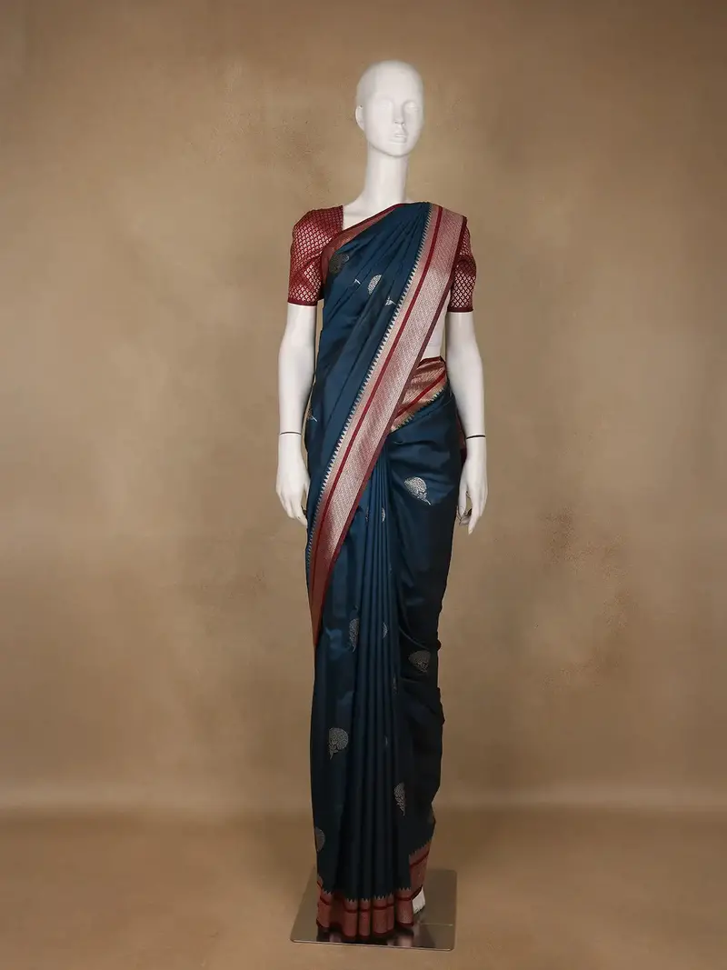 Navy Blue Floral Design Silk Saree 1