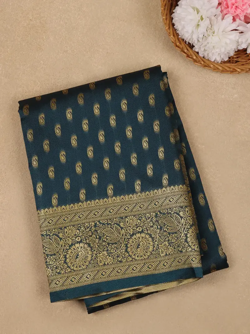 Navy Blue Floral Design Silk Saree 1