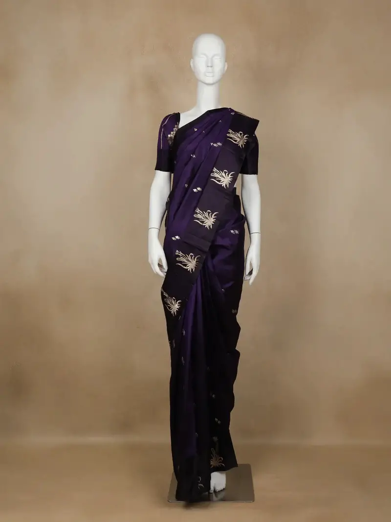 Navy Blue Floral Designed Banarasi Silk Saree 1