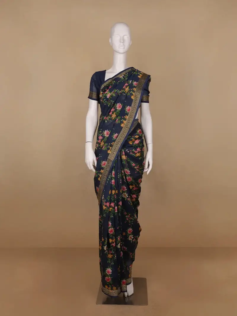 Navy Blue Floral Designed Chanderi Cotton Saree 1