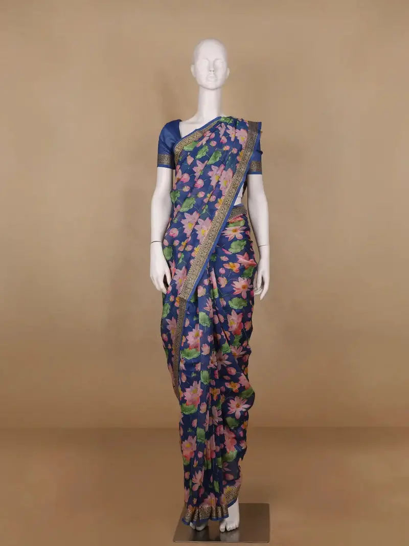 Navy Blue Floral Designed Chanderi Cotton Saree 1